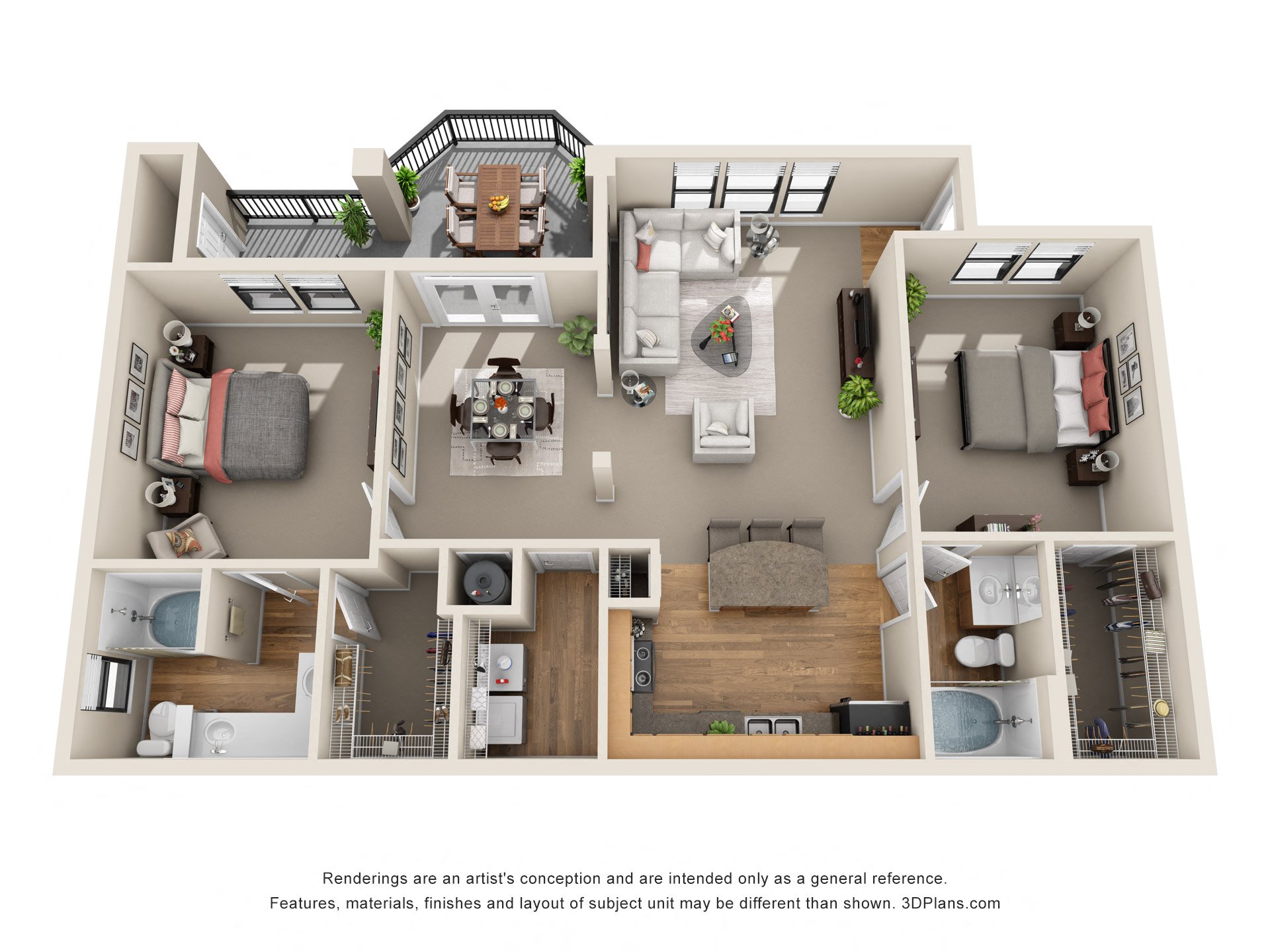 Floor plan for 2 beds, 2 baths, 1283 sqft